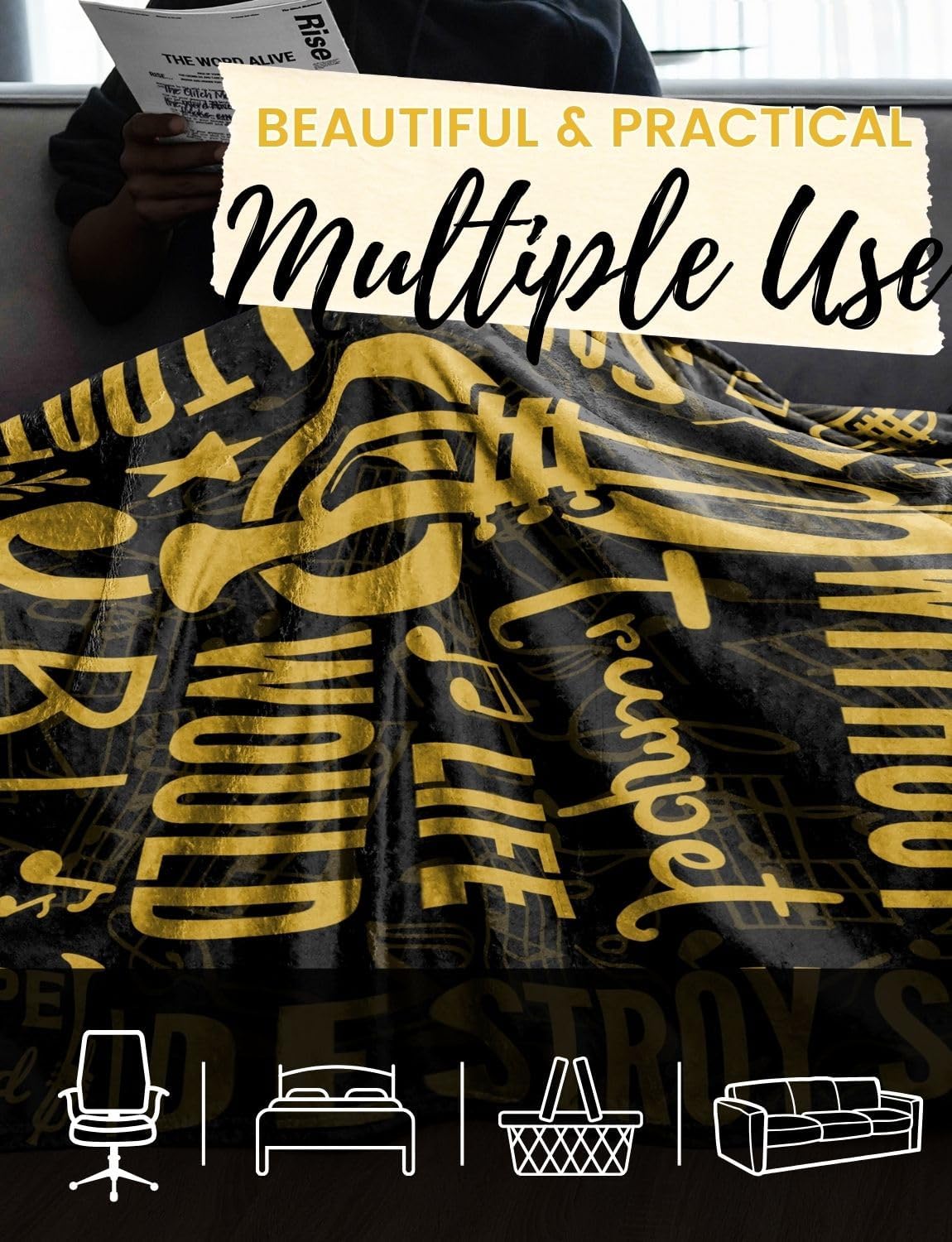 Trumpet Gifts, Trumpet Blanket for Women, Men, Trumpet Lovers, Masters, Players, Throw Blanket 50x65 Inche, Black