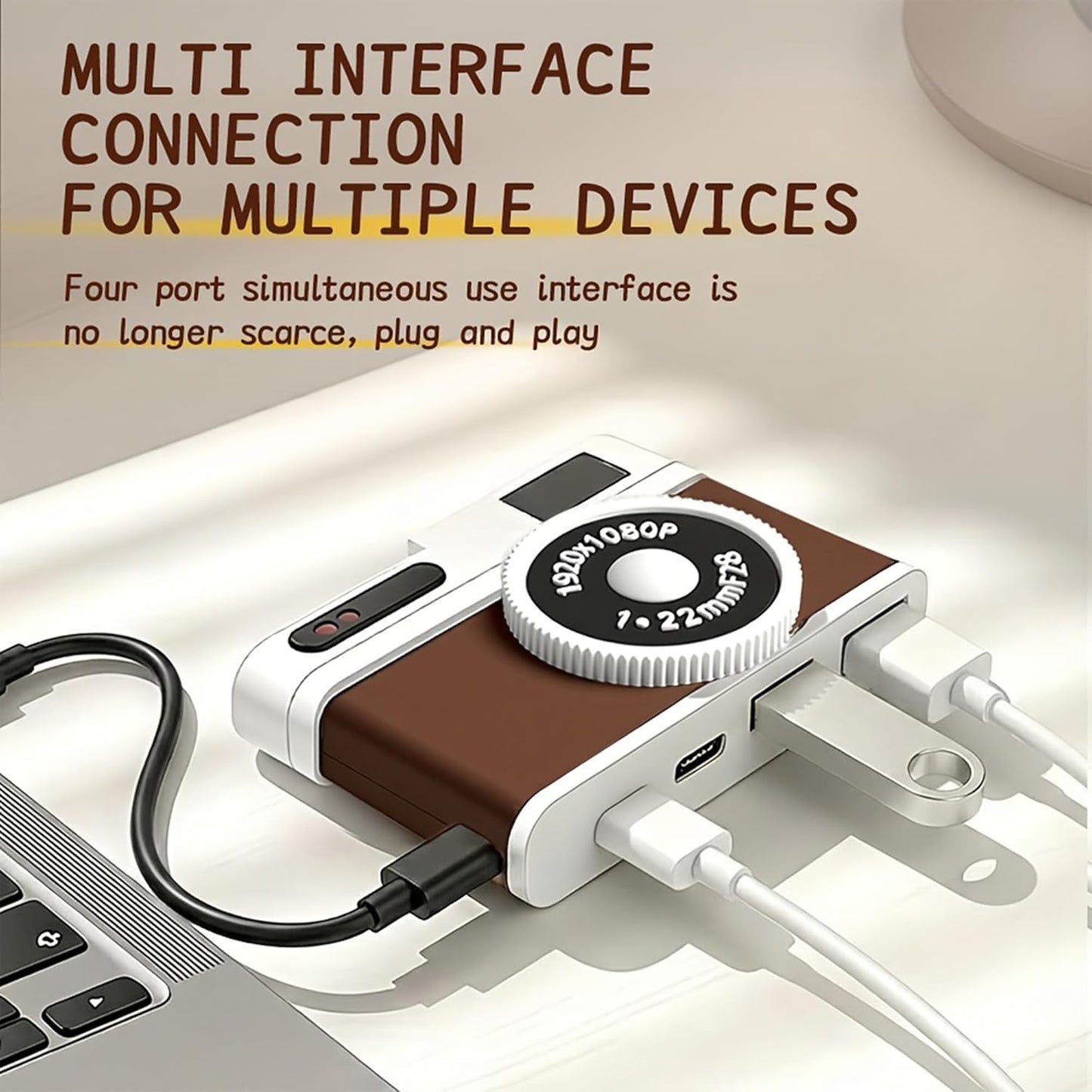 USB C Hub, 4-Port USB Hub with 2 USB-A 2.0 & 2 USB-C Ports, Compact Vintage Camera-Style USB Hub Adapter for Laptop, MacBook, Tablet & Accessories