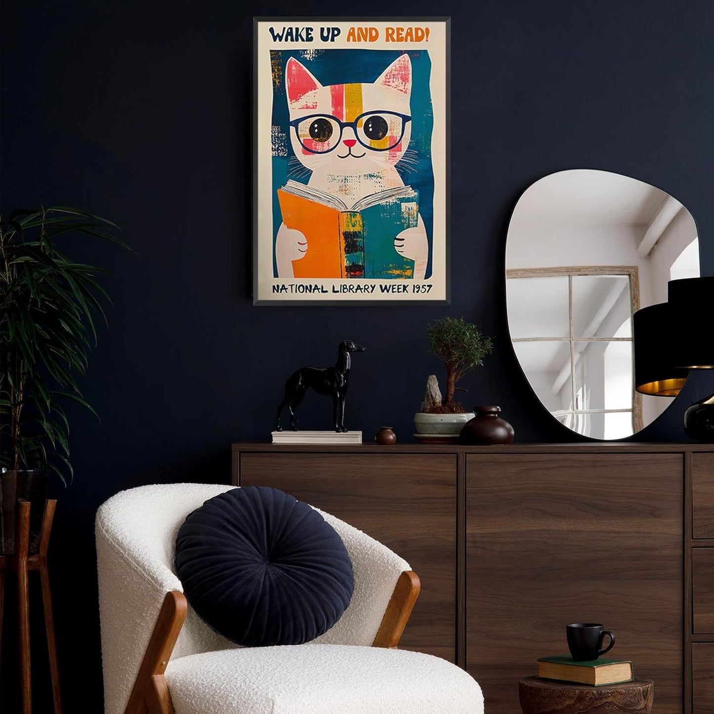 Cute Cat With Glasses Reading Canvas Wall Art 1957 National Library Week Posters Vintage Funny Animal Aesthetic Prints Painting For Home Bedroom Dorm Apartment Wall Decor 12x16in Unframed