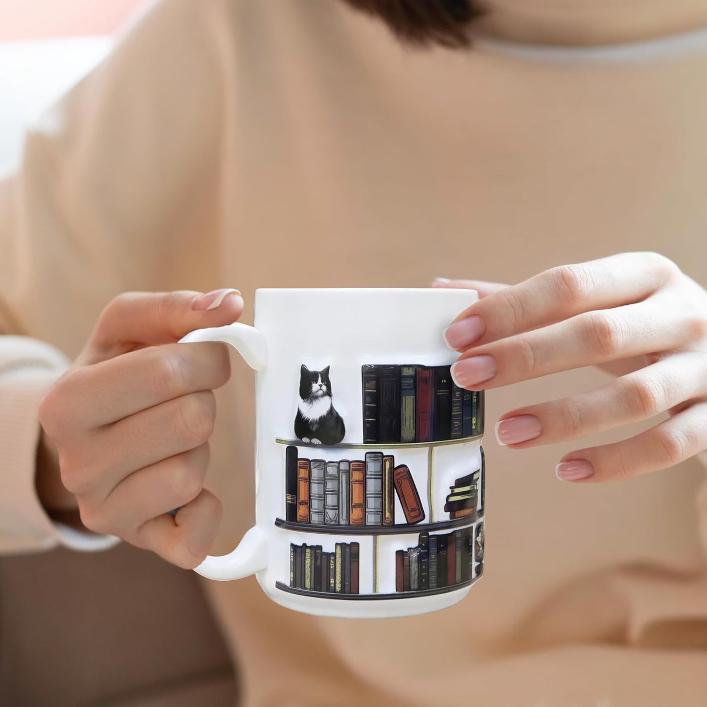 Full-Wrap Embossed 3D Book Mugs For Book Lovers Gifts For Readers Women 3D Bookshelf Mug 15Oz - A Library Shelf Cup, Cat Mugs For Cat Lovers Women And Men, Love Cats Mug Gift For Writers And Authors