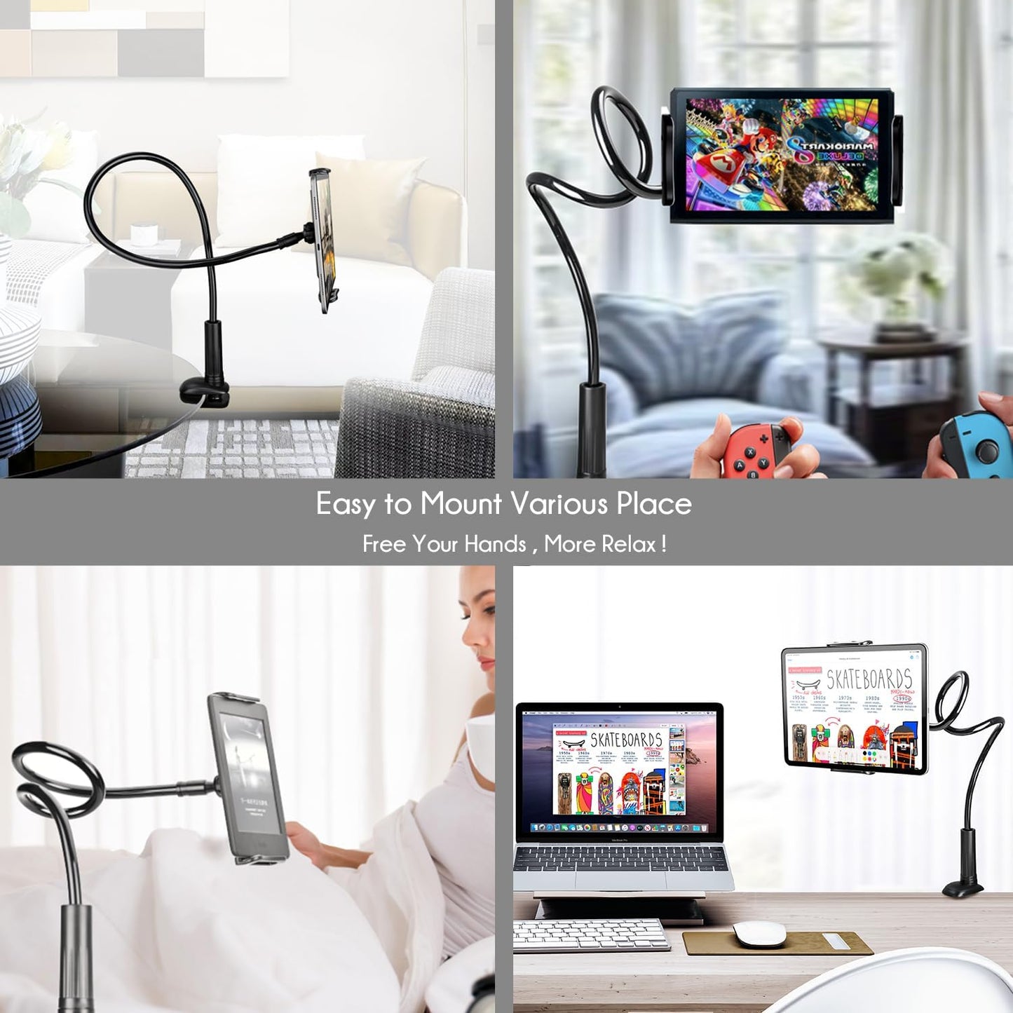 Gooseneck Tablet Holder Stand, Kindle Holder for Bed 33in Flexible Long Arm Clamp Clip Mount for iPad, iPhone, Switch, Galaxy Tabs, Kindle Fire, Phone 4.7''-11'' Tablet Devices