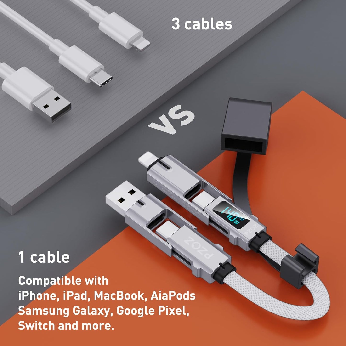 pzoz Portable Keychain Charger Short Cable with LED Display, 4-in-1 Multi USB C Fast Charging Combo Lightning/Type C/USB A/USBC Ports for iPhone iPad MacBook AirPods Samsung Google (140W, 7.3 inchs)