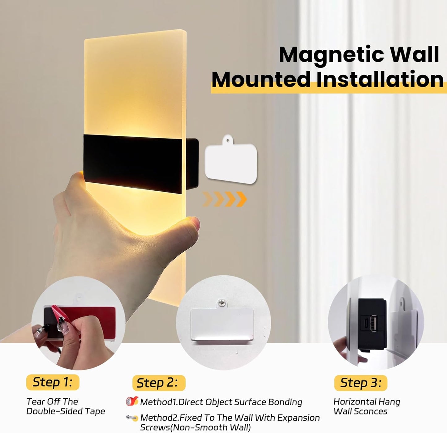 Battery Wall Sconces, Acrylic Bedside LED Wall Lamps Set of Two for Living Room Bedroom Hallway,USB Rechargeable Battery Operated Cordless Night Light,Touch Control,Warm Light Dimmable