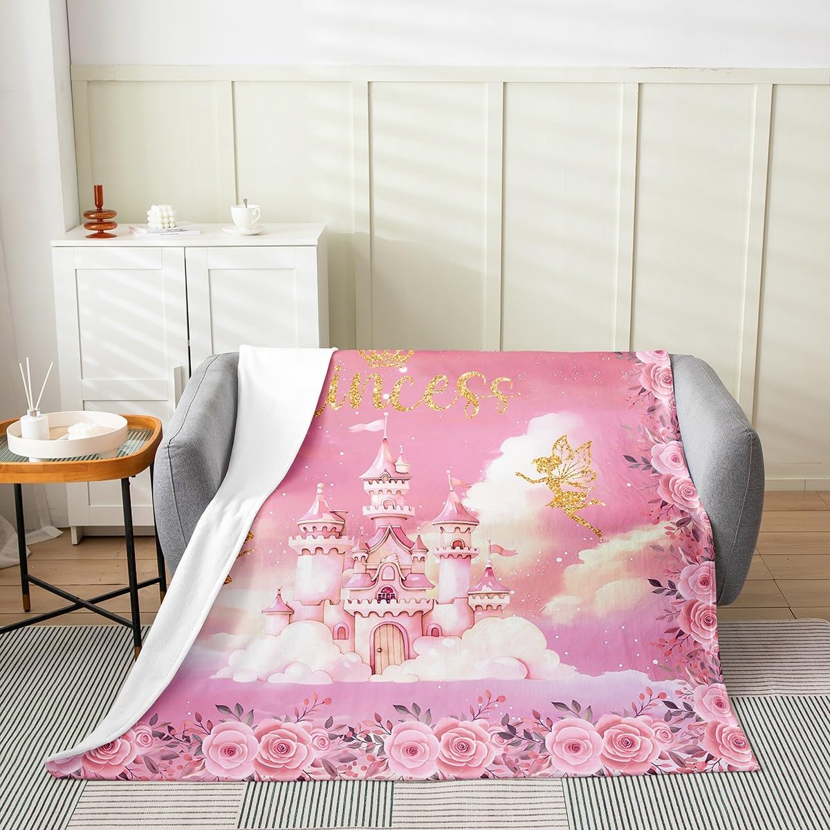 Erosebridal Princess Flannel Blanket Pink Princess Castle Fuzzy Plush Throw Cute Dreamy Gold Fairys Fleece Blanket for Kids Boys Girls,Romantic Rose Flower Clouds Decor for Bed Couch Queen 90"x90"