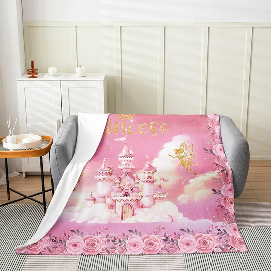 Erosebridal Princess Flannel Blanket Pink Princess Castle Fuzzy Plush Throw Cute Dreamy Gold Fairys Fleece Blanket for Kids Boys Girls,Romantic Rose Flower Clouds Decor for Bed Couch Queen 90"x90"
