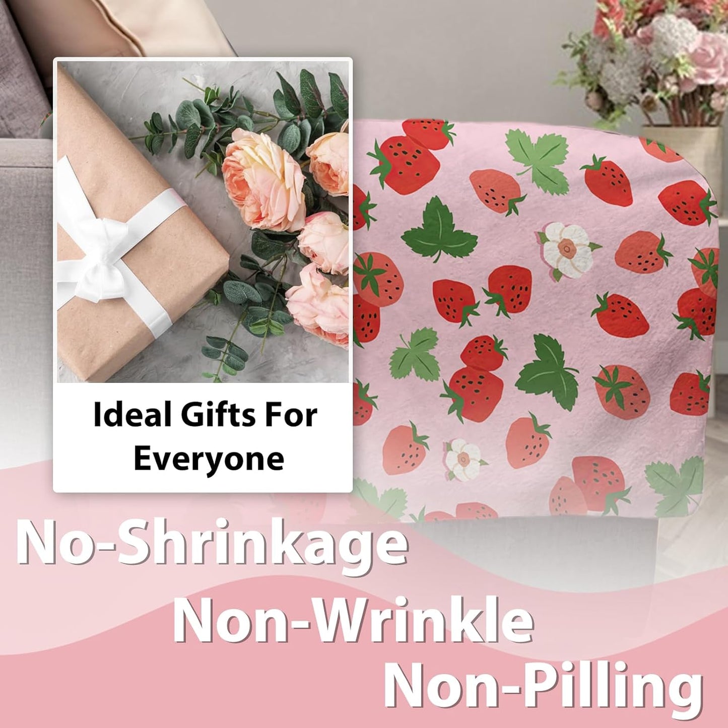Pink Strawberry Flannel Throw Blanket, Red Pink Fruit Floral Birthday Gifts for Kids Girls Women Adults Teen, Spring Summer Flowers Soft Blankets for Bedding Sofa 50" x 60"