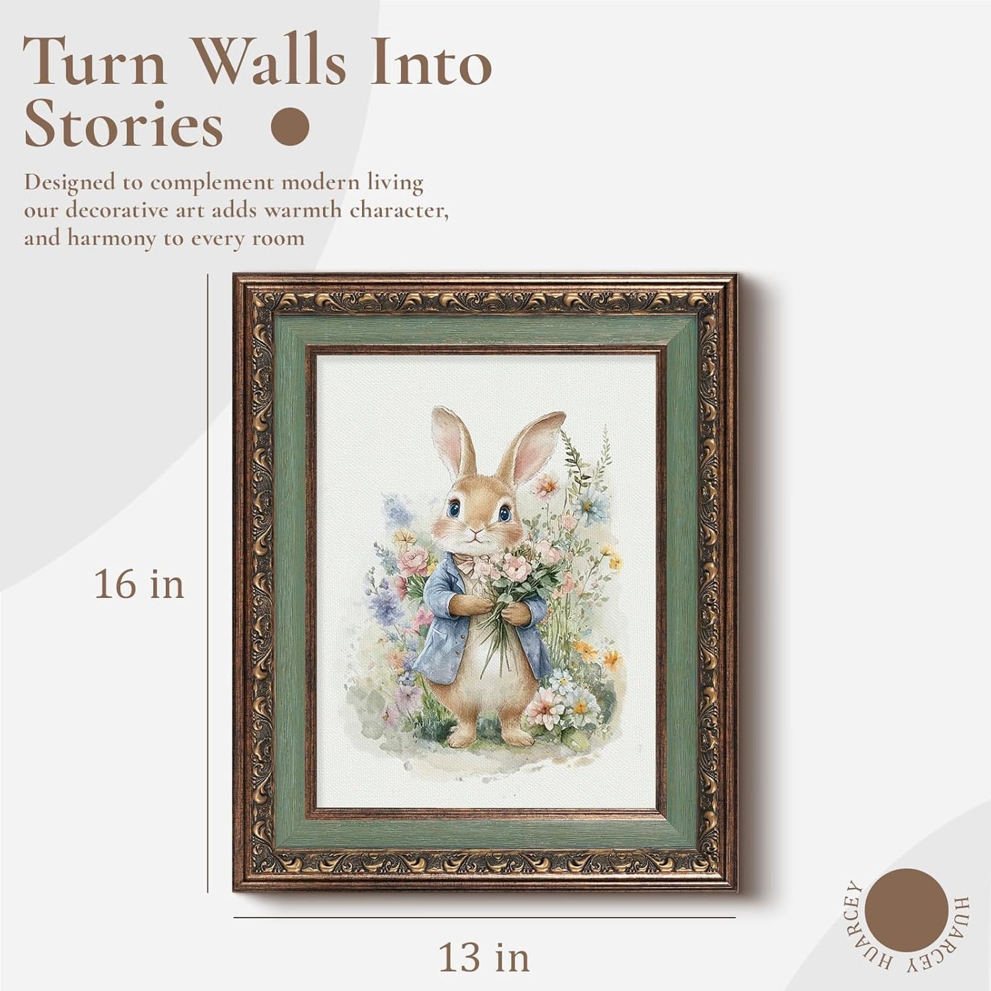 HUARCEY Bunny with Bouquet Canvas Wall Art Vintage Relief Gold Framed, Cute Rabbit Wildflower Meadow Print Rustic Floral Artwork, Farmhouse Animals for Easter Mother's Day Decor Gift 13"×16"