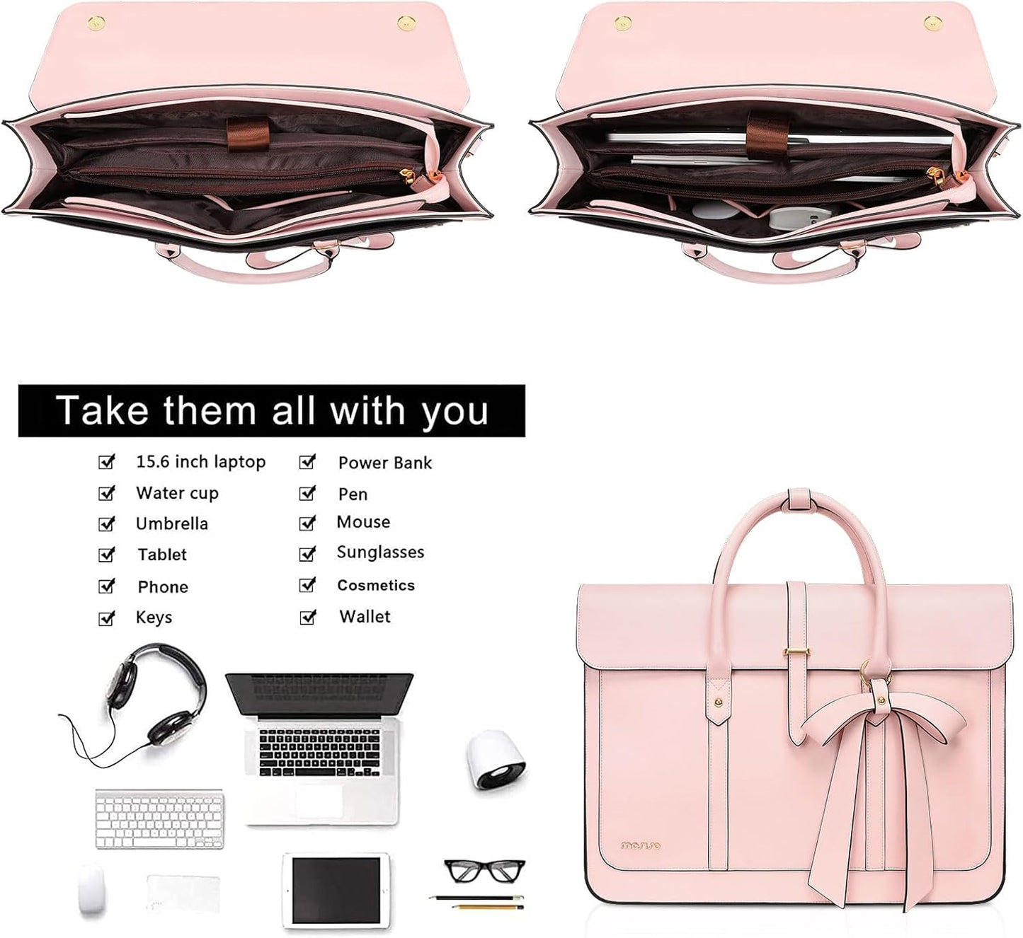 MOSISO Laptop Bag for Women, 15-15.6 inch PU Leather Laptop Shoulder Bags Convertible Backpack, 16 inch Messenger Bags Casual Handbag Work Briefcase Travel Computer Bag with Bowknot, Pink
