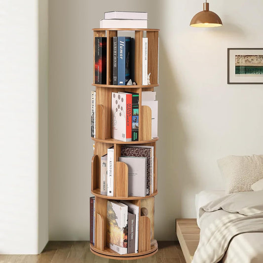 4 Tier Rotating Bookshelf, Compact Corner Bookcase for Small Spaces 360° Display Wood Spinning Storage Organizer for Bedroom, Living Room, and Kids' Rooms Wood