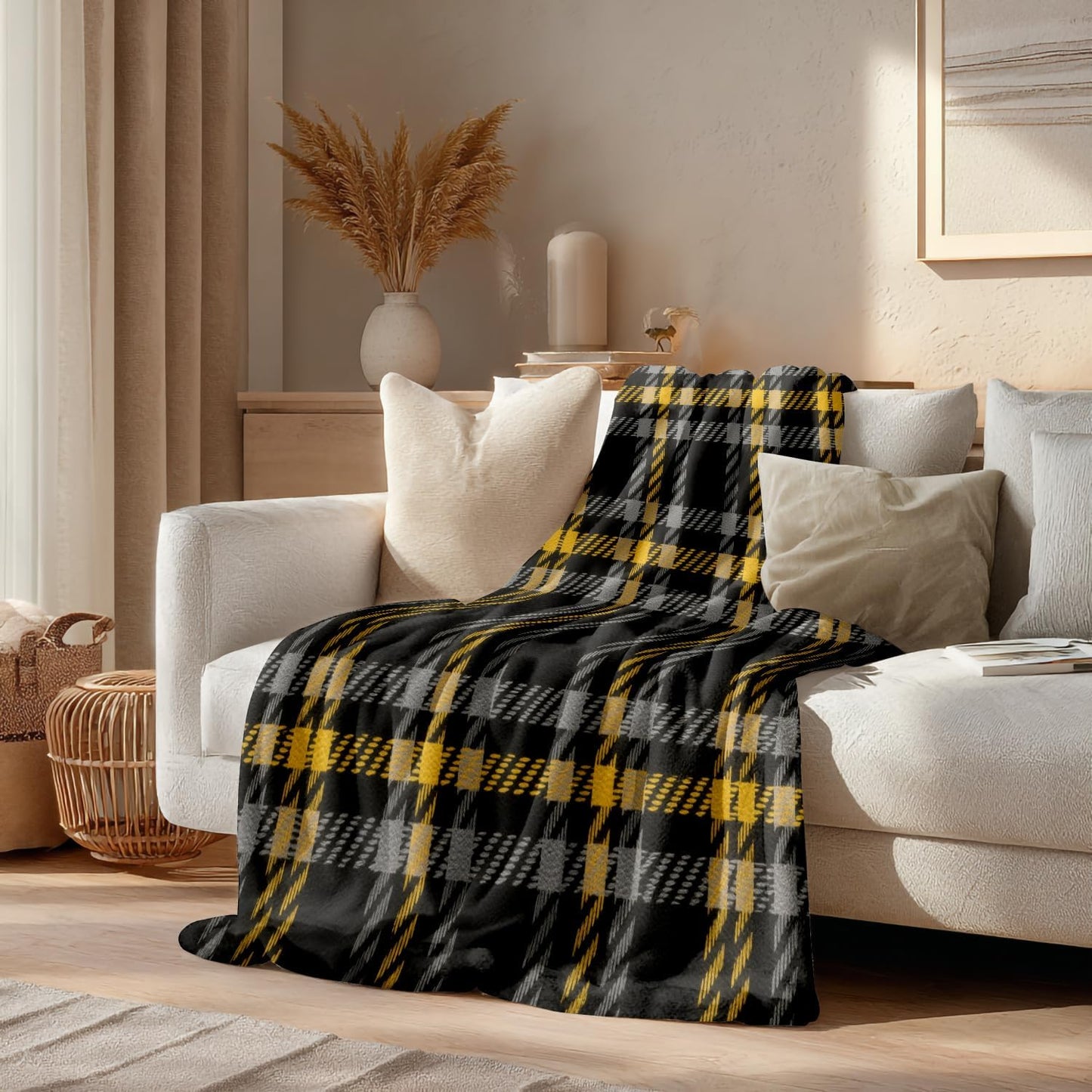 Batmerry Gray Brown Yellow Plaid Throw Blanket for Couch Sofa Bed,Houndstooth Checks in Grey Browns Super Soft Warm Fuzzy Plush Blankets Decor Lightweight Cozy Travel Camping Blanket 60 x 50 in