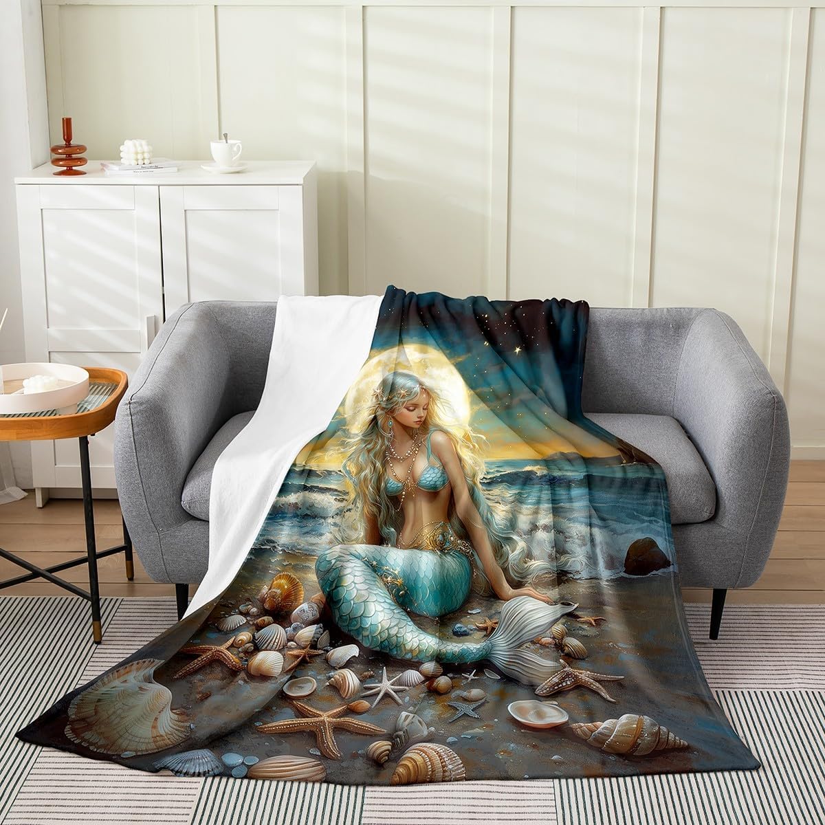 Erosebridal Mermaid Flannel Blanket Queen Inch Princess Girl Fleece Blanket Nautical Ocean Moon Night Beauty Fuzzy Plush Throw Mysterious Beach Shells Waves Living Room Decor
