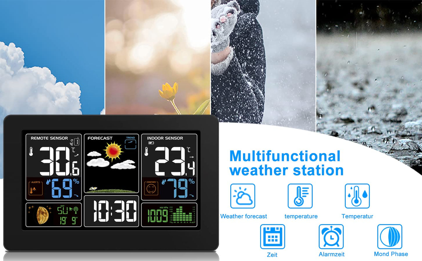 Kalawen Home Weather Stations Wireless Indoor Outdoor Thermometer, Portable Digital Weather Clock Atomic, Bluetooth Color Forecast Station Estacion Meteorologica Weather Monitor with Alarm