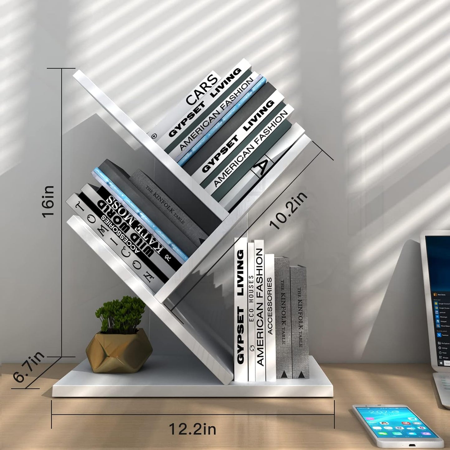Godferyxin Tree Bookshelf, 3-Tier Small Book Shelf for Desk – Wood Bookcase with Storage Shelves, Compact Shelf for Living Room, Bedroom, or Home Office, White Finish, Holds Books, CDs, and Magazines