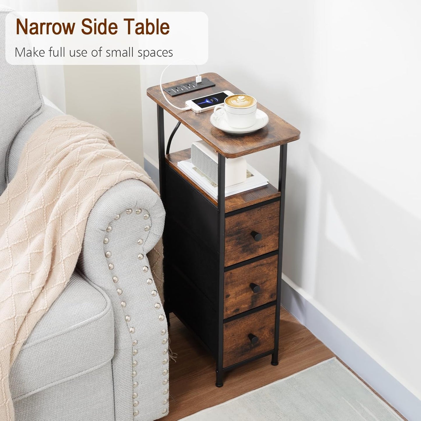 Narrow End Table Living Room with Charging Station, Skinny Side Table with Fabric Drawers, Slim Nightstand for Bedroom, Small Spaces, Couch, Brown, HETNDP03BR-1