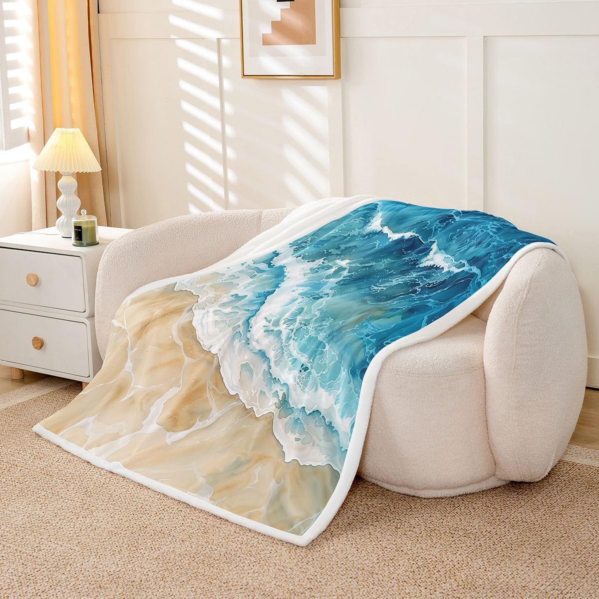Feelyou Beach Wave Throw Blanket Coastal Sand Soft Fleece Sherpa Cozy Fuzzy Plush Warm Tropical Shore Fuzzy Plush Throw Ocean Themed Queen 90"x90" Seaside Gradient for Bed Couch Living Room