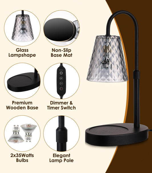 Candle Warmer with Timer - Electric Candle Warmer with Dimmer, Adjustable Height, Vintage Nightstand Lamp Sets (Diamond Pattern)