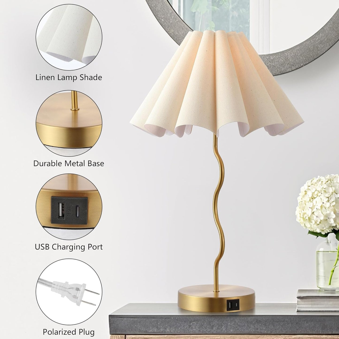Pleated Table Lamp, Table Lamp for Bedroom, Bedside Lamps for Nightstand with Linen Lampshade, Modern Lamp for Bedroom Home Office Decor