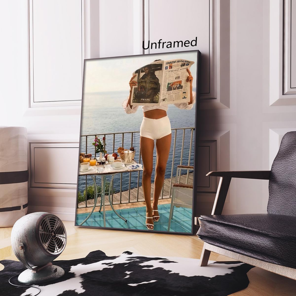 Woman Reading Newspaper Canvas Wall Art, Fashion Magazine Cover Old Money Aesthetic Poster, Summer Coastal Elegant Girly Breakfast Print for Kitchen, Feminist Photography Art 8x12in Unframed