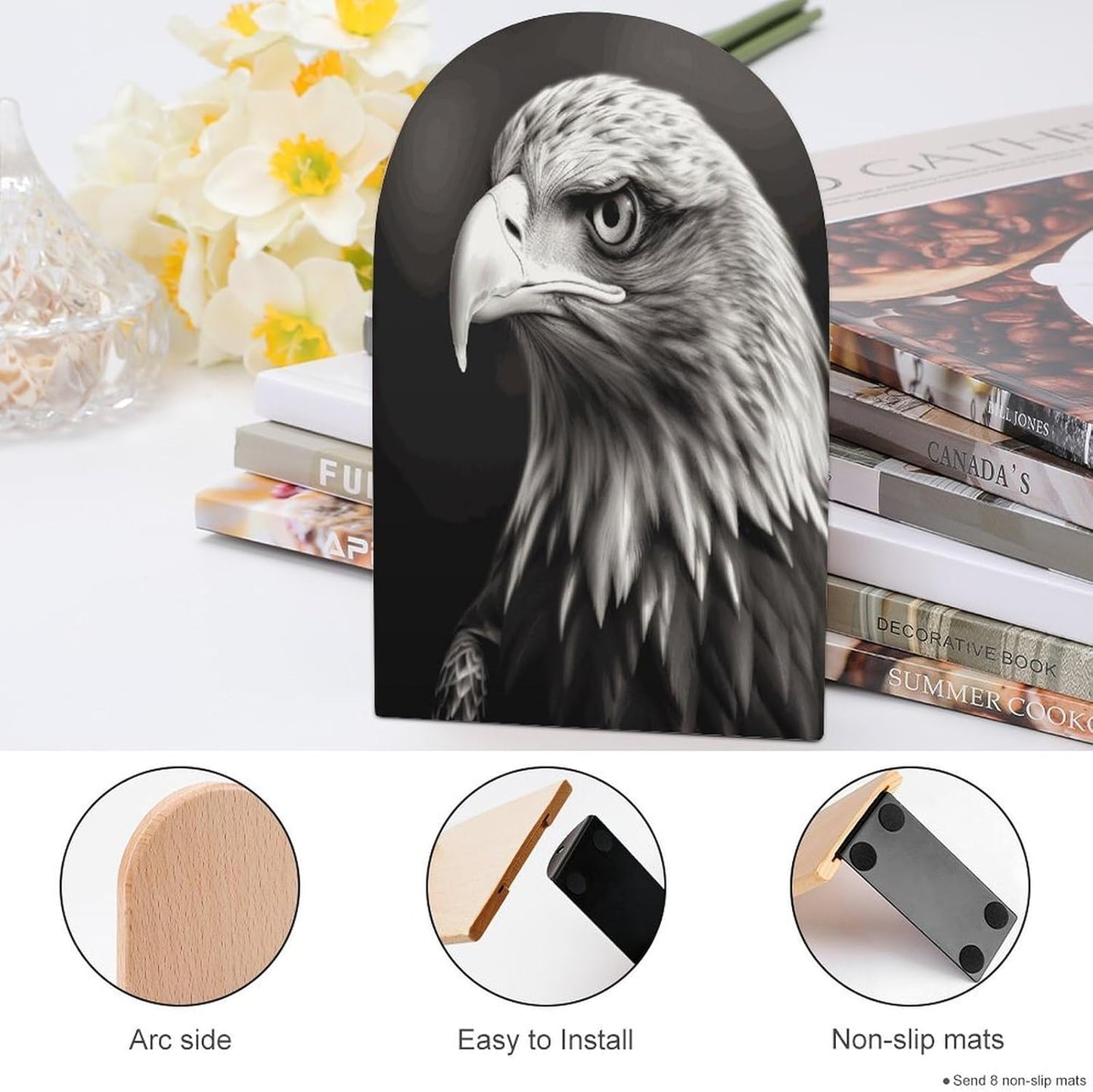 Eagle Black and White Bookend for Shelves Wooden Book End Large Size Sturdy Book Holders Stoppers with Metal Base for Bookshelves Slick Decorative Bookends Stands