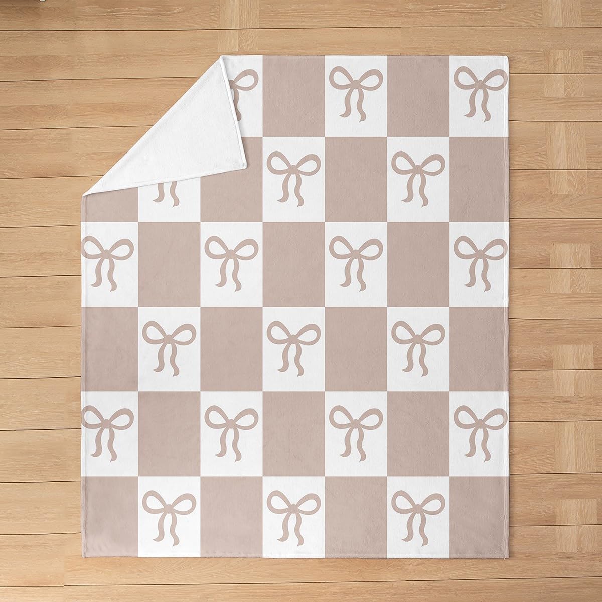 Feelyou Bow Knit Fleece Throw Blanket Checkered Flannel Blanket Plush Fuzzy Beige Brown White for Bed Couch Chair Living Room Cute Kawaii Queen 90"x90" Bedroom Decor