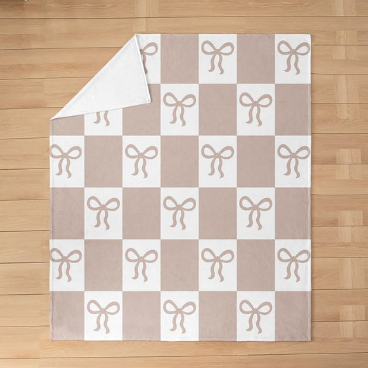 Feelyou Bow Knit Fleece Throw Blanket Checkered Flannel Blanket Plush Fuzzy Beige Brown White for Bed Couch Chair Living Room Cute Kawaii Queen 90"x90" Bedroom Decor