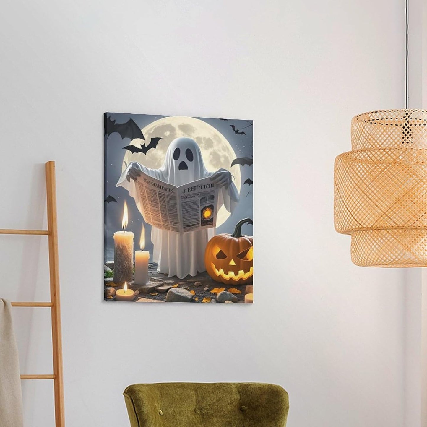 Wall Decor Decorative Wall Art Ghost Reading Cotton And Linen Hanging Poster Framed Wall Artwork Gallery Aesthetic for Bedroom Living Room Bathroom 16x20inch(40x50cm)