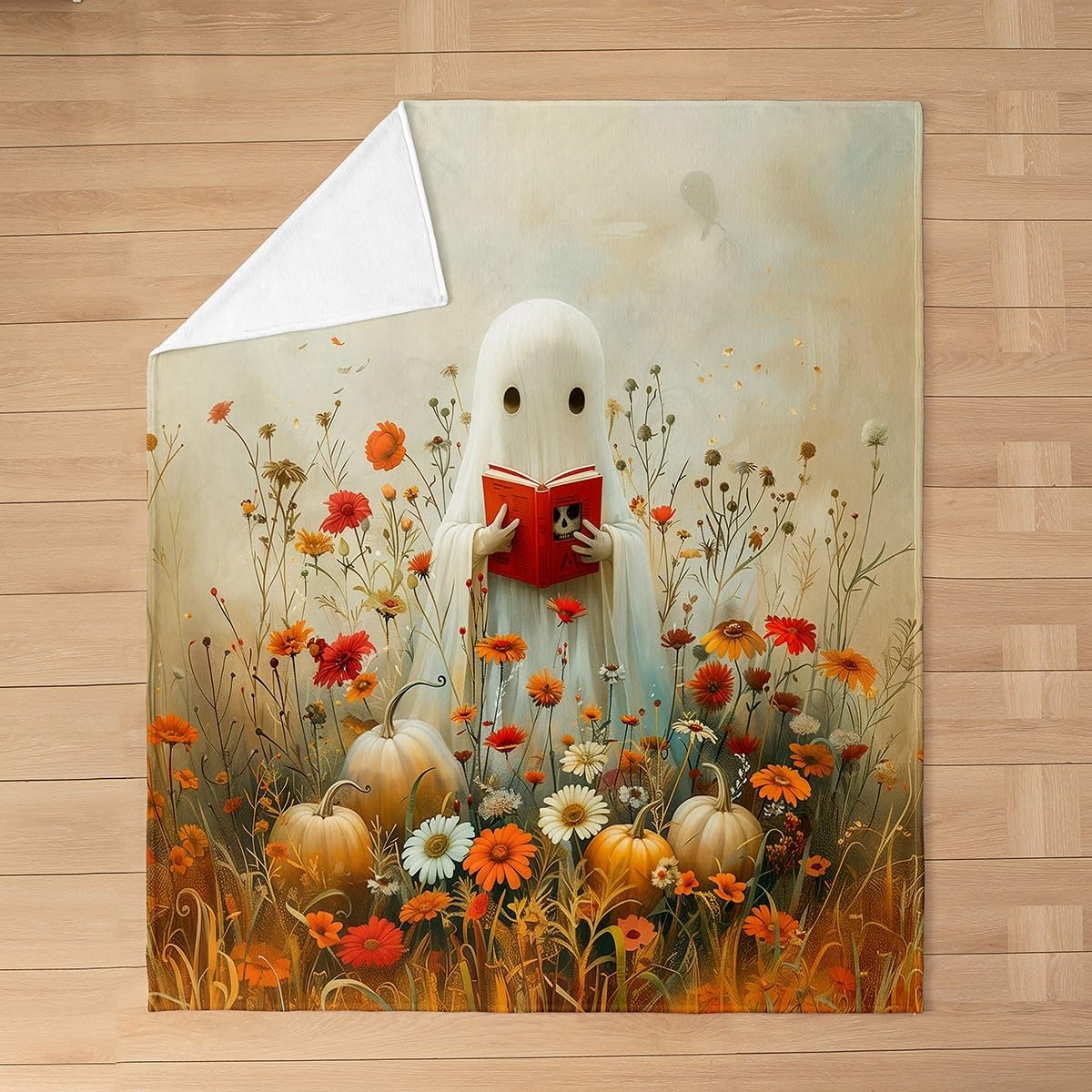 Manfei Reading Ghost Flannel Blanket Autumn Pumpkins Flower Throw Blanket Cute Halloween Theme Cozy Throws for Bed Couch Sofa,Kids Boys Girls Room Decor,Soft and Breathable(50 x 60 Inches)