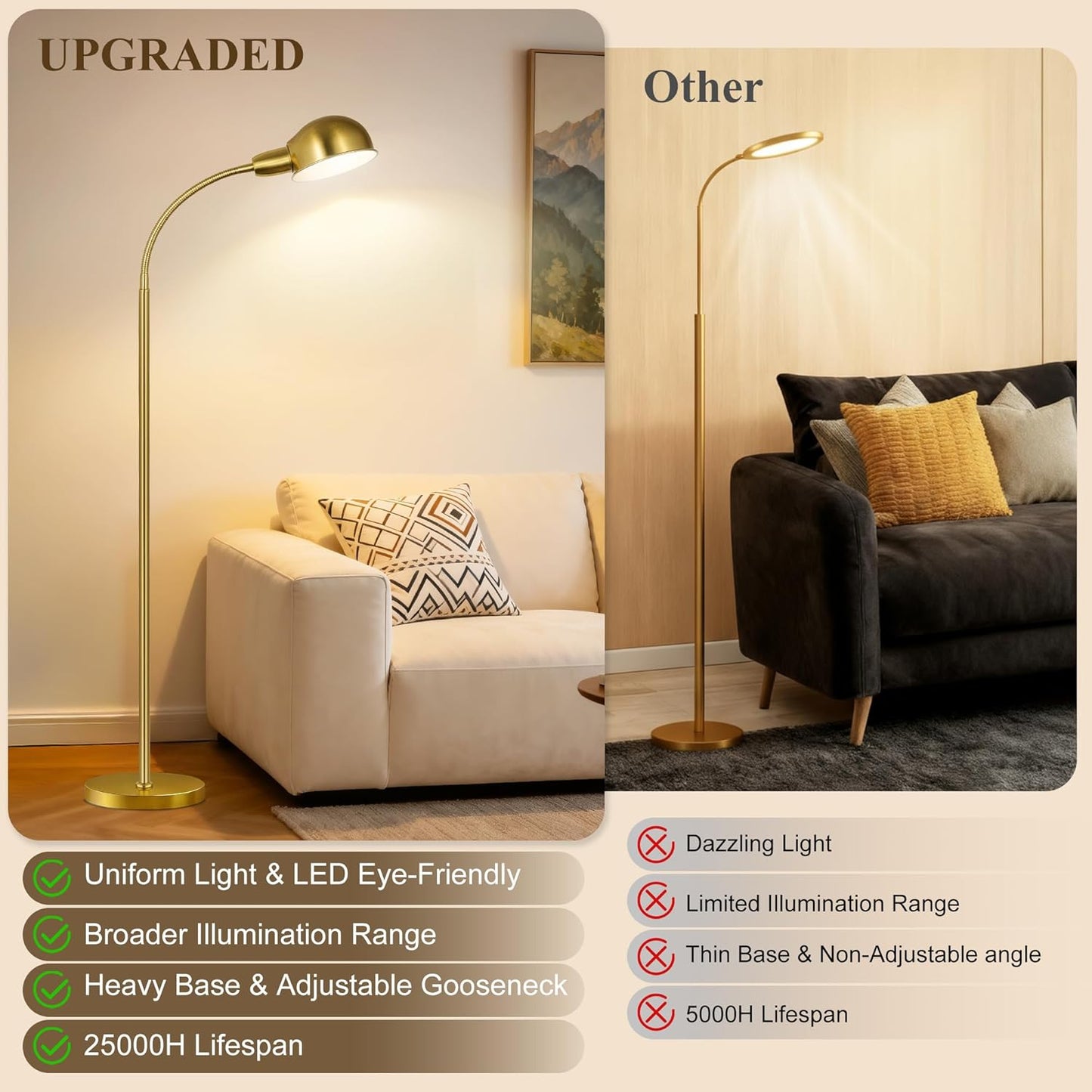 Floor Lamp for Living Room, 63" Standing Lamp with Adjustable Gooseneck, 3 Color Temperatures, Industrial Gold Floor Lamp Reading for Bedroom, Office, 9W LED Bulb