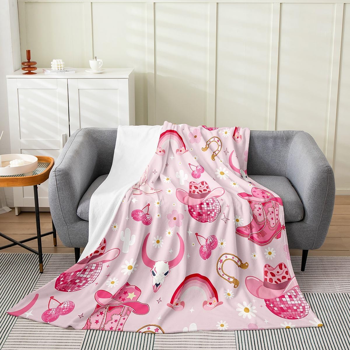 Castle Fairy Cowgirl Hats Boys Girls Flannel Blanket Disco Ball Flower Rainbow Fleece Throw Blankets Western Bull Skull Starry Bed Blanket for Bed Sofa Couch Bedroom Pink Lightweight Blankets 30"x40"