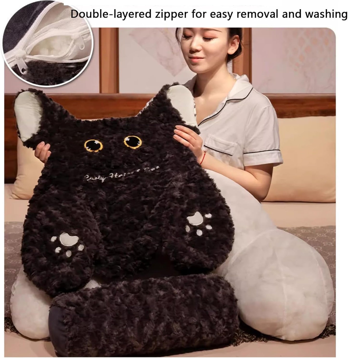 Reading Pillow for Sitting in Bed Adult,Cute Cat Pillow Back Pillows,Sit Up Pillow Backrest Pillow with Arms, Back Support Pillow for Sitting Up in Bed,Chair Back Cushion (Black)