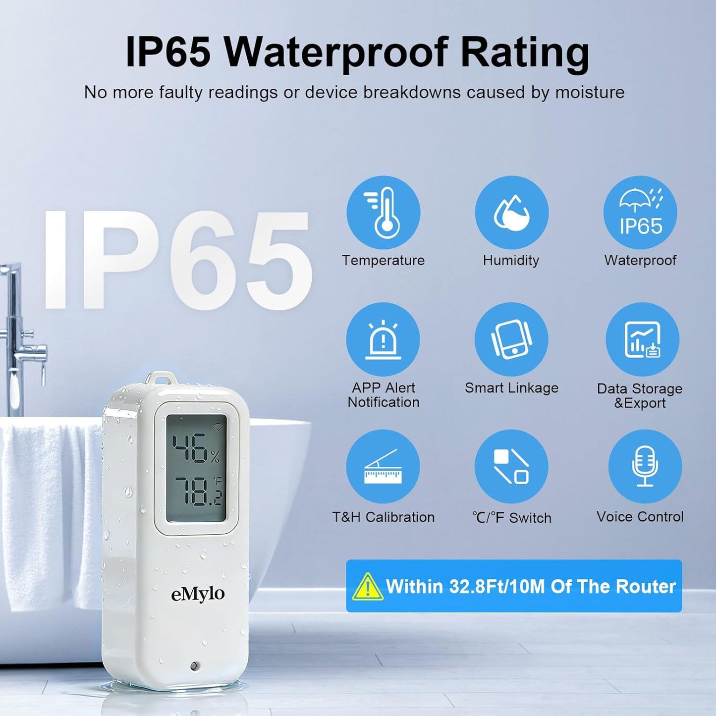 eMylo WiFi Thermometer Hygrometer, Smart Indoor Humidity Monitor for Room, IP65 Waterproof Digital Temperature Sensor with App Notification, Free Data Storage Export, Compatible with Alexa/Google Home