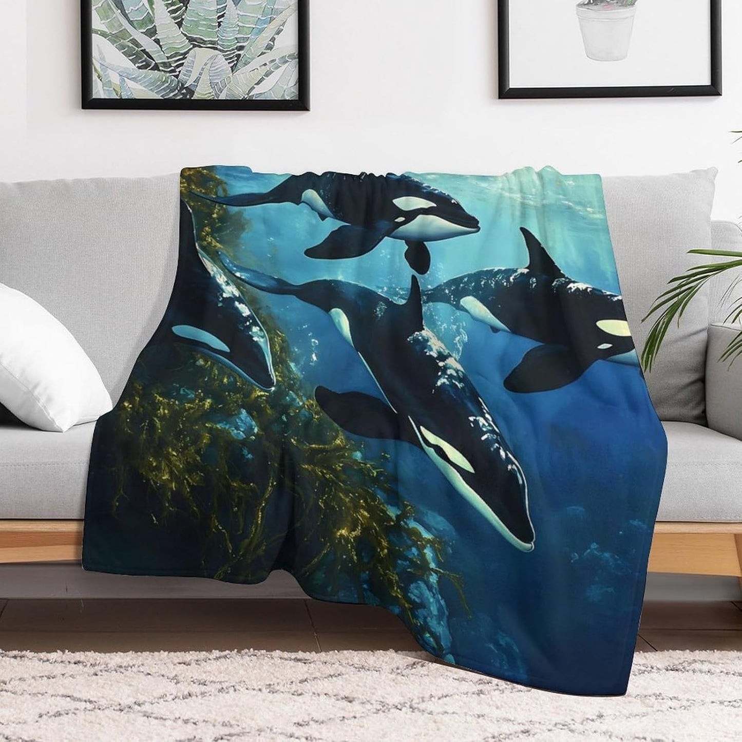 Killer Whales Swim Throw Blanket for Couch Bed Plush Cozy Fuzzy Flannel Blanket for All Season 70"x80"
