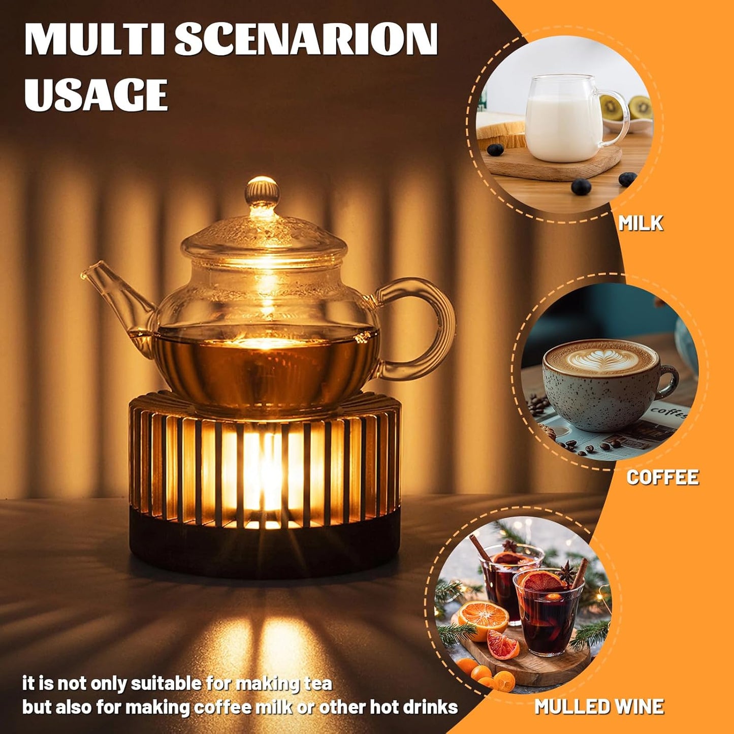 Inmorven Teapot Warmer, Aluminum Tea Warmer with Wooden Base, 4.33 inch Candle Heater for Heating Tea, Coffee, Milk, Food,Camping and Traveling, Suitable for All Teapots - S