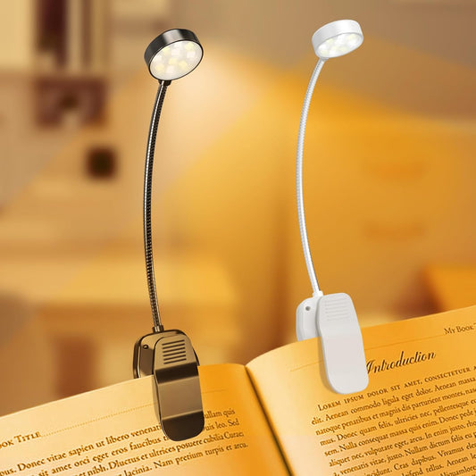 Rechargeable Clip-On Book Light, 10-LED Bed Reading Lamp with 3 Color & 3 Brightness, USB-C, Up to 30-Hour Runtime, 360° Gooseneck, Ultralight 1.4oz, Great Stocking Stuffers, Black & White