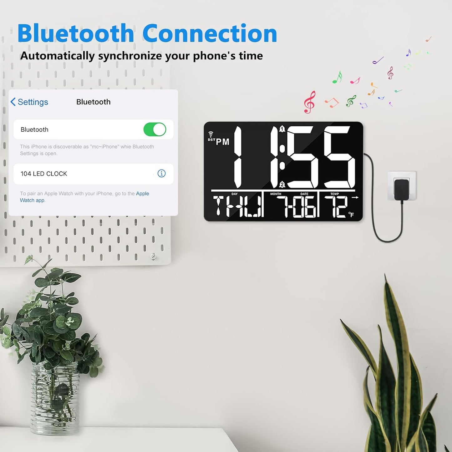 13" Bluetooth Auto Sync Wall Clock - Large Digital Alarm Clock with Remote, 25 Ringtones, Dual Alarm, Adjustable Brightness, 12/24H, Auto DST, for Living Room, Kitchen, Office, Elderly