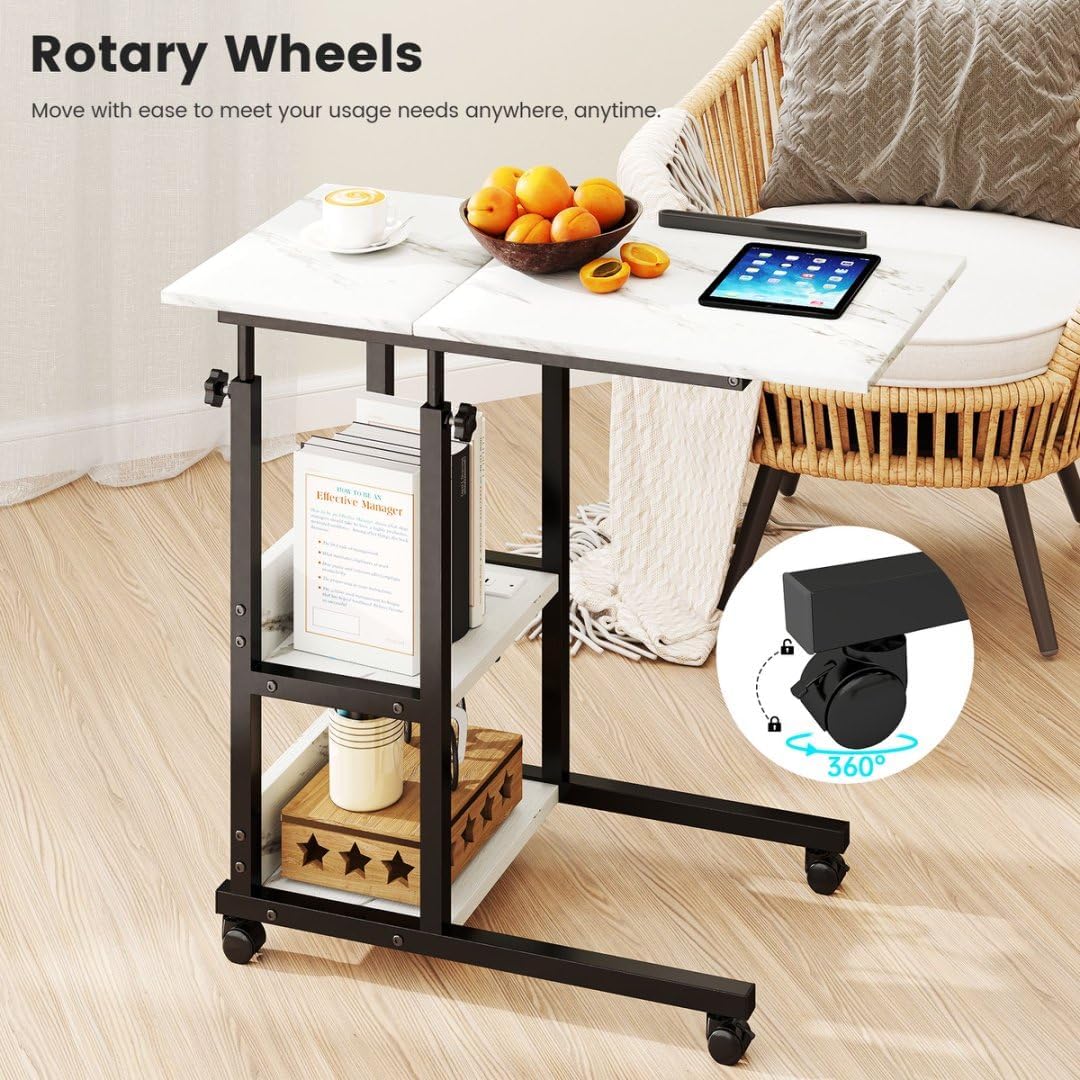 C-Shaped End Table with Charging Station — Tiltable, Height-Adjustable, Wheeled, Over-Bed Laptop & Drawing...