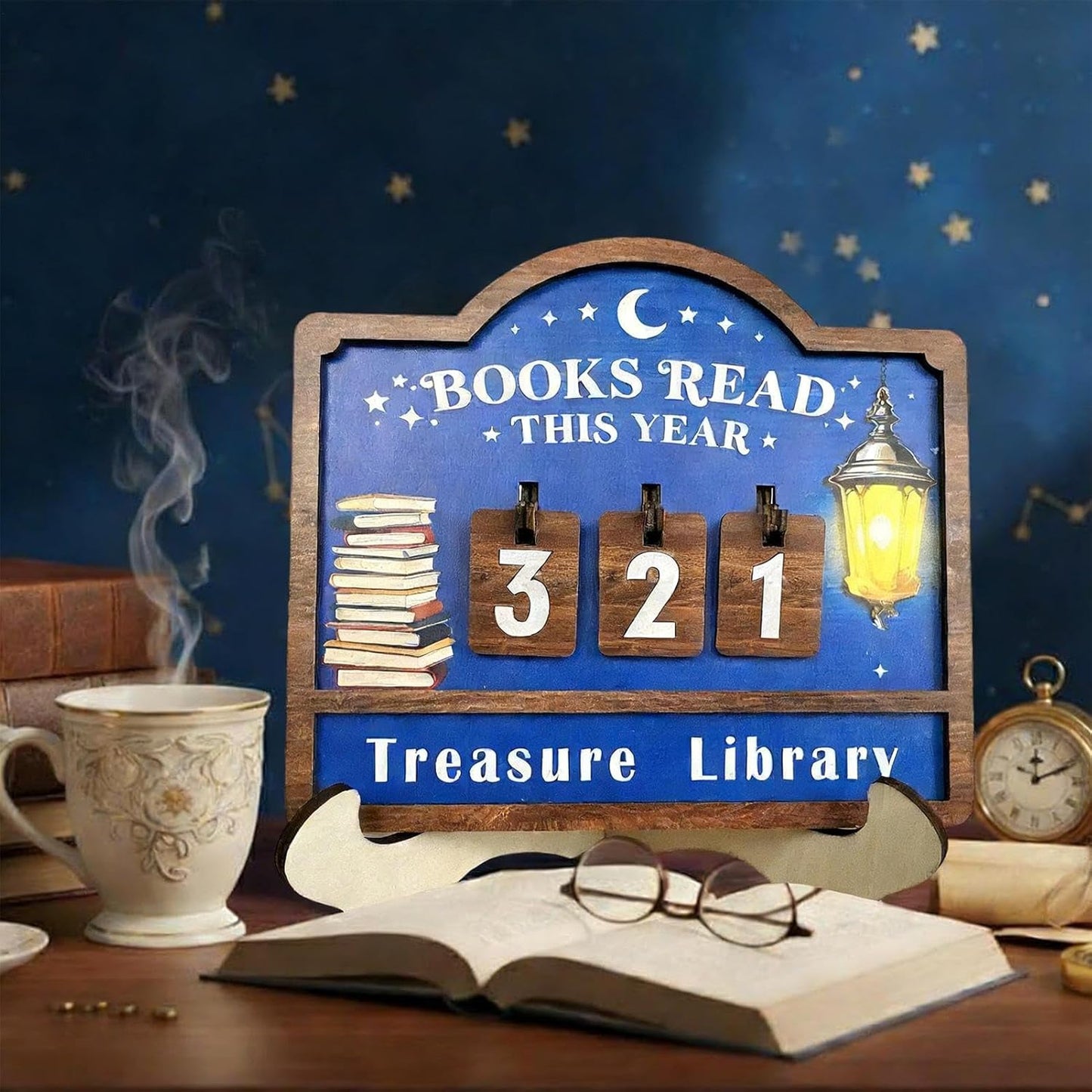 Books Read Counter, Wooden Reading Challenge Sign, 20x15cm Changeable Number Plates for Students, Pine Wood with Lantern and Book Pattern, Educational Decor Accessory with Adjustable Display