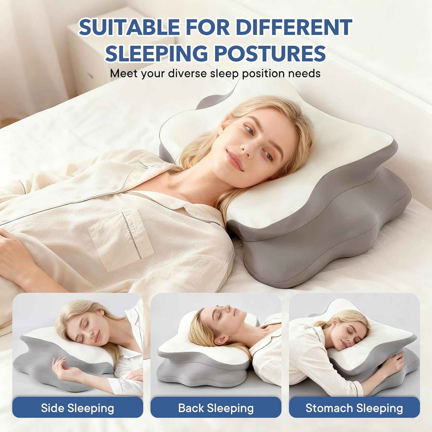 Cervical Pillow for Neck and Shoulder,Contour Memory Foam Pillow,Ergonomic Neck Support Pillow for Side Stomach Back Sleepers with Skin-Friendly Pillowcase (White)