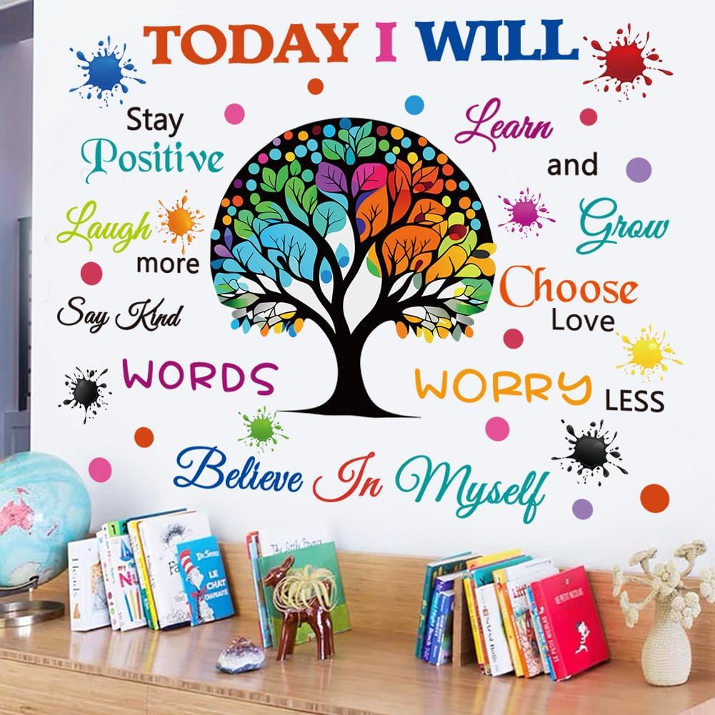 Colorful Inspirational Wall Decals Motivational Quote Today I Will Wall Stickers for Bedroom Classroom Peel and Stick Wall Decals Positive Saying Sticker (Tree Style)
