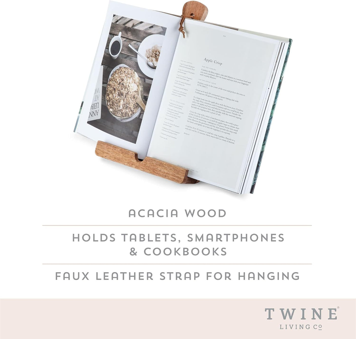 Twine Cookbook Stand, Acacia Wood Tablet Stand, Recipe Book Holder, Rustic Kitchen Decor Countertop Display, Acacia Wood, Set of 1