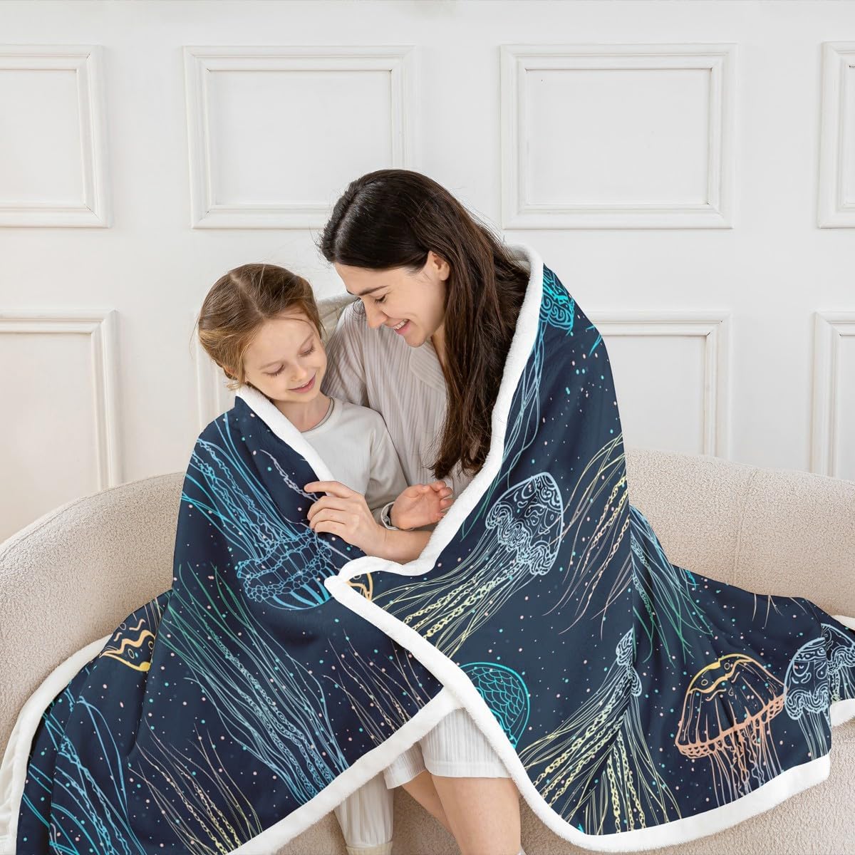 Feelyou Cute Jellyfish Sherpa Blanket Ocean Creature Themed Fleece Throw Blanket Sea Underwater World Warm Plush for Sofa Couch Bed Marine Life Sealife Fuzzy Twin 60"x80"
