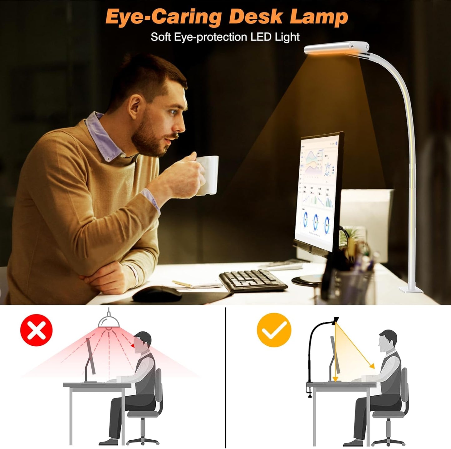 사무실 가정용 LED 책상 램프, 무단 조광 조절 가능한 유연한 구즈넥, 10W USB 어댑터 책상 램프, 독서, 공부, 작업대용 클램프 포함 (화이트)
