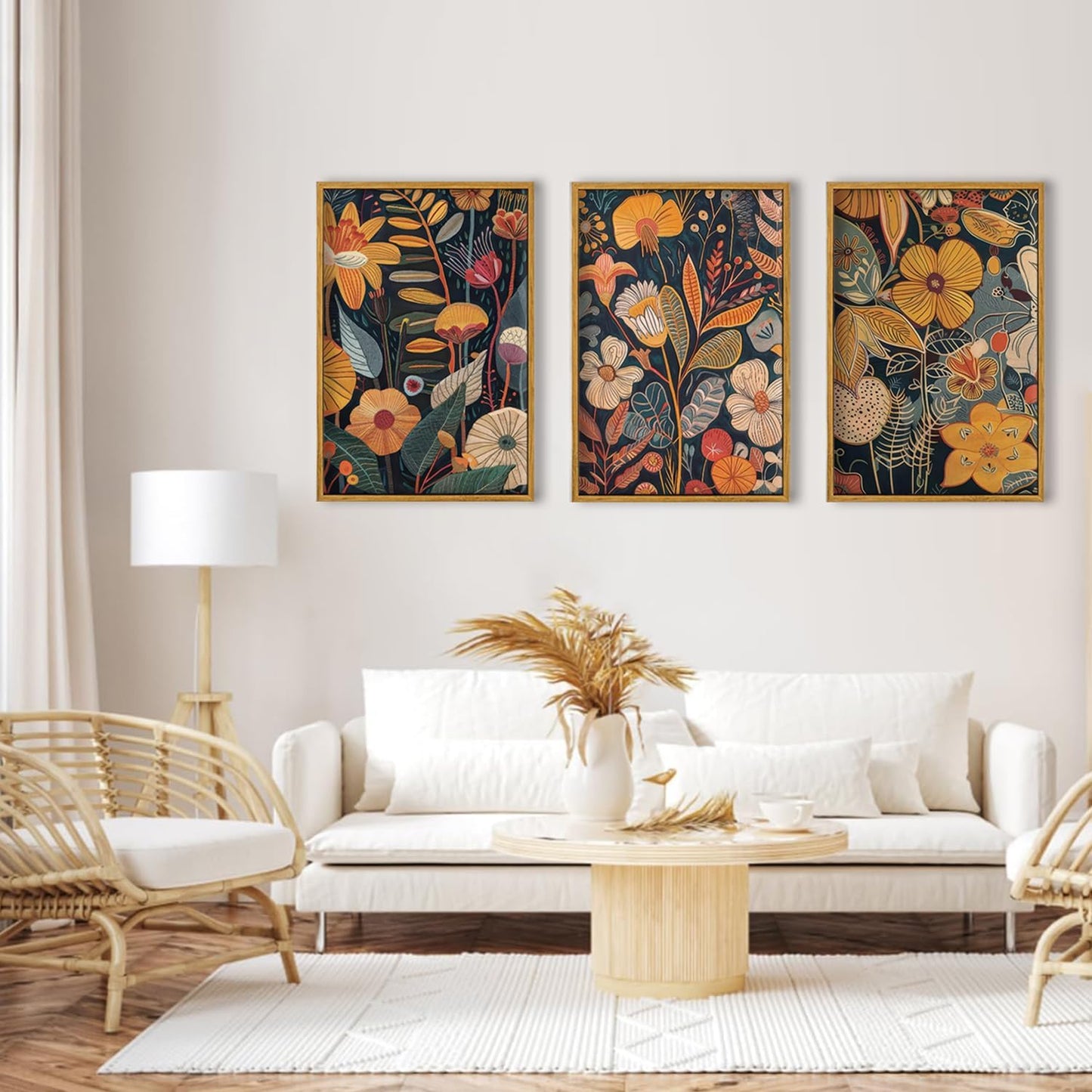 TBKHUDBI Framed Burnt Orange Floral Canvas Wall Art,Mid Century Modern Wall Decor,Boho Terracotta Flower Picture Prints Poster Painting Artwork Set Of 3 For Living Room Bedroom Office 16"x24"
