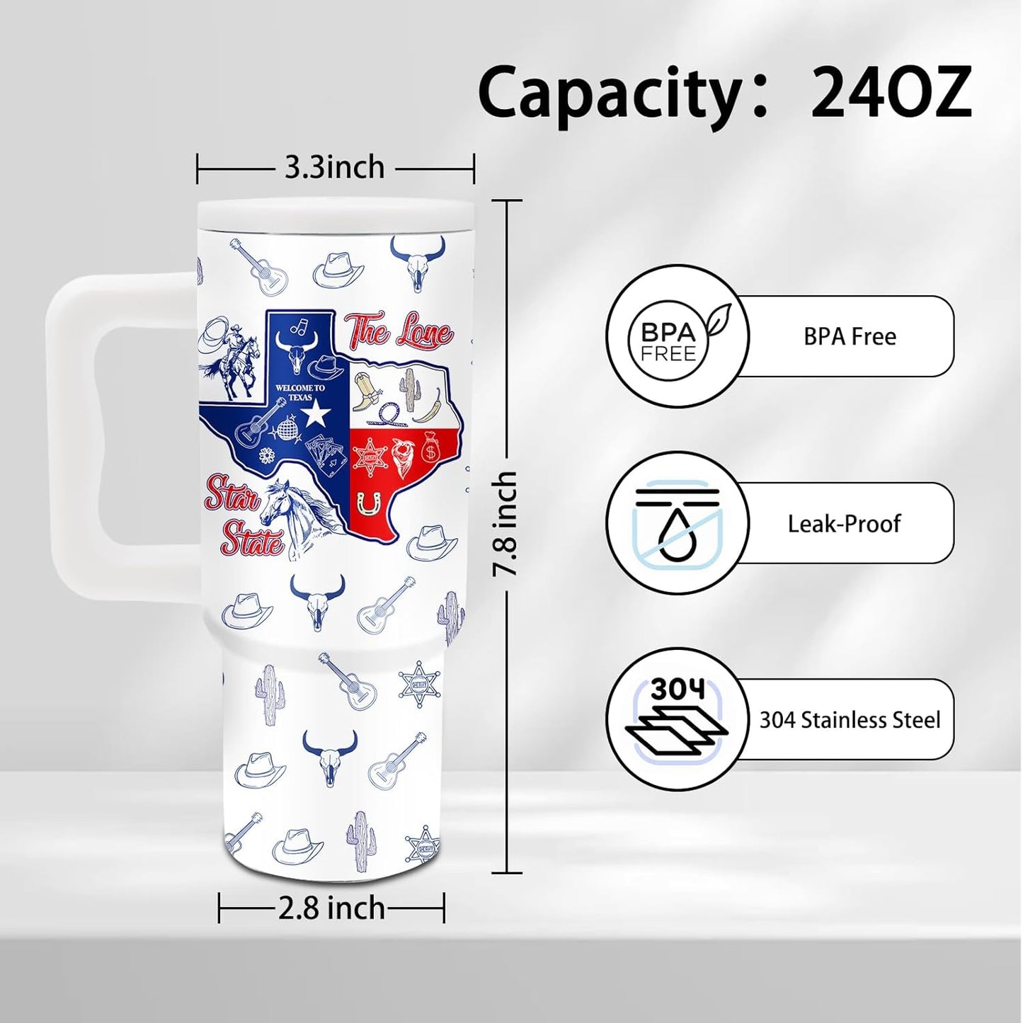 Texas Themed Gifts - 24 oz Texas Tumbler with Handle and Straw, Insulated Stainless Steel Cup, Leakproof, Stylish Cowboy Texases Design Travel Mug for Women, Fits Car Cup Holders, Keeps Drinks Cold