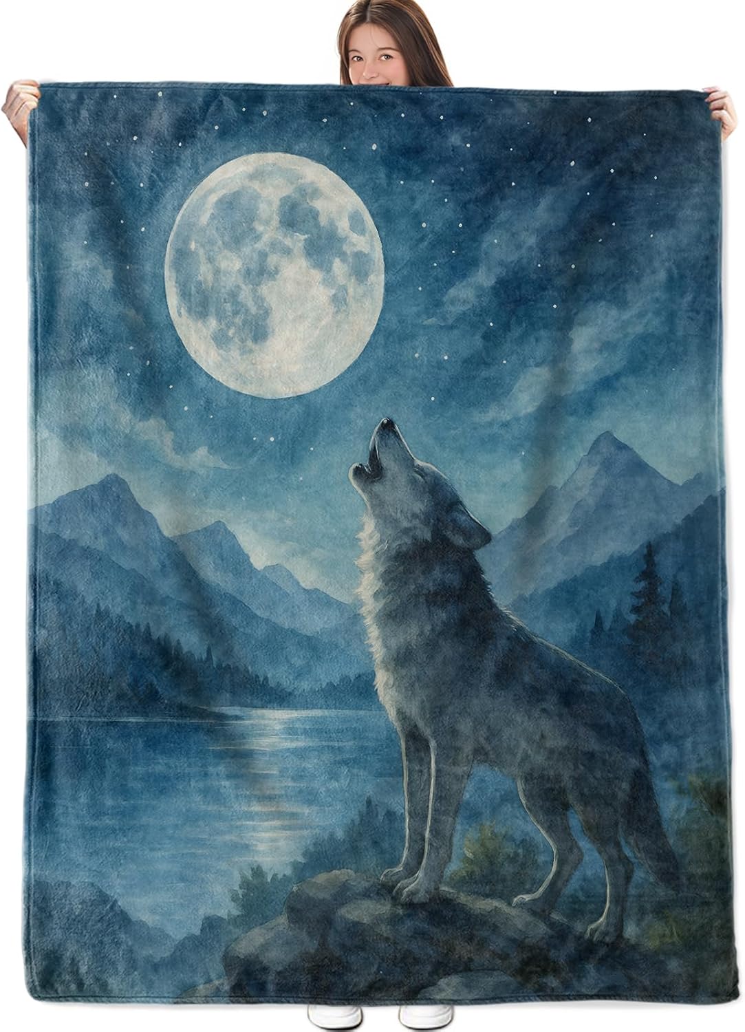 Mystical Wolf Moon Blanket, Flannel Throw Blanket Soft Cozy Lightweight Blankets for Adults Women Kids Home Decor for Sofa Couch Bed 60x50 Inch
