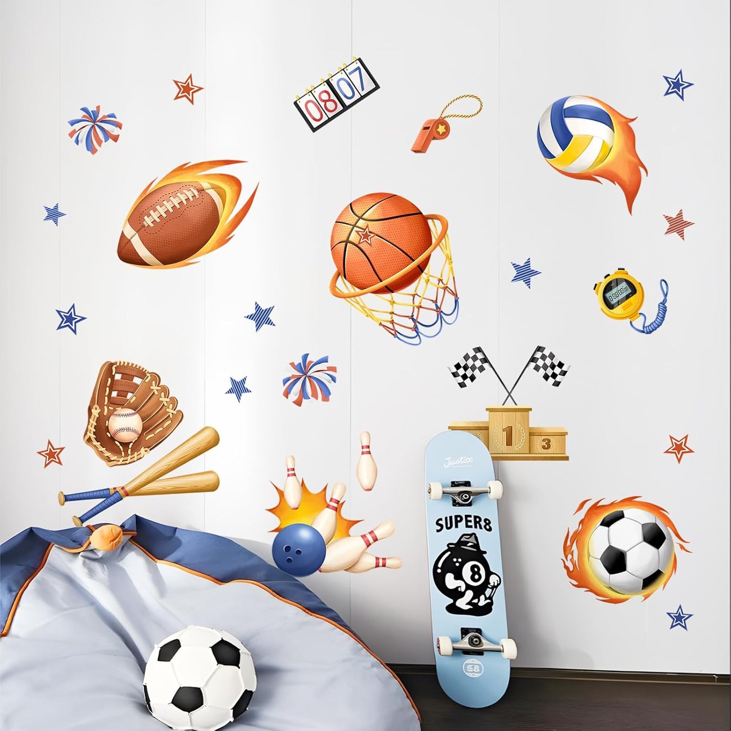 3D Sports Wall Decals, Basketball Soccer Football Wall Stickers Ball Games Peel and Stick Decal Self Adhesive Sticker for Boys Nursery Kids Room Home Decor