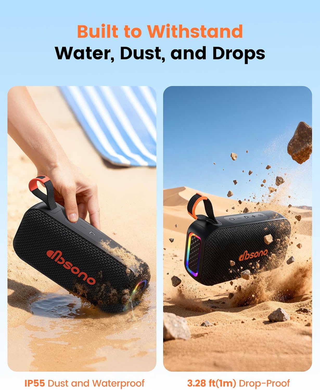 Bluetooth Speaker Stereo 20W Loud Sound: 30H Playtime, IPX5 Water Resistant, Portable Wireless Speakers, Powerful Bass, Lightshow, Birthday Gifts for Men/Adults/Teens, Beach Vacation Essentials, Black