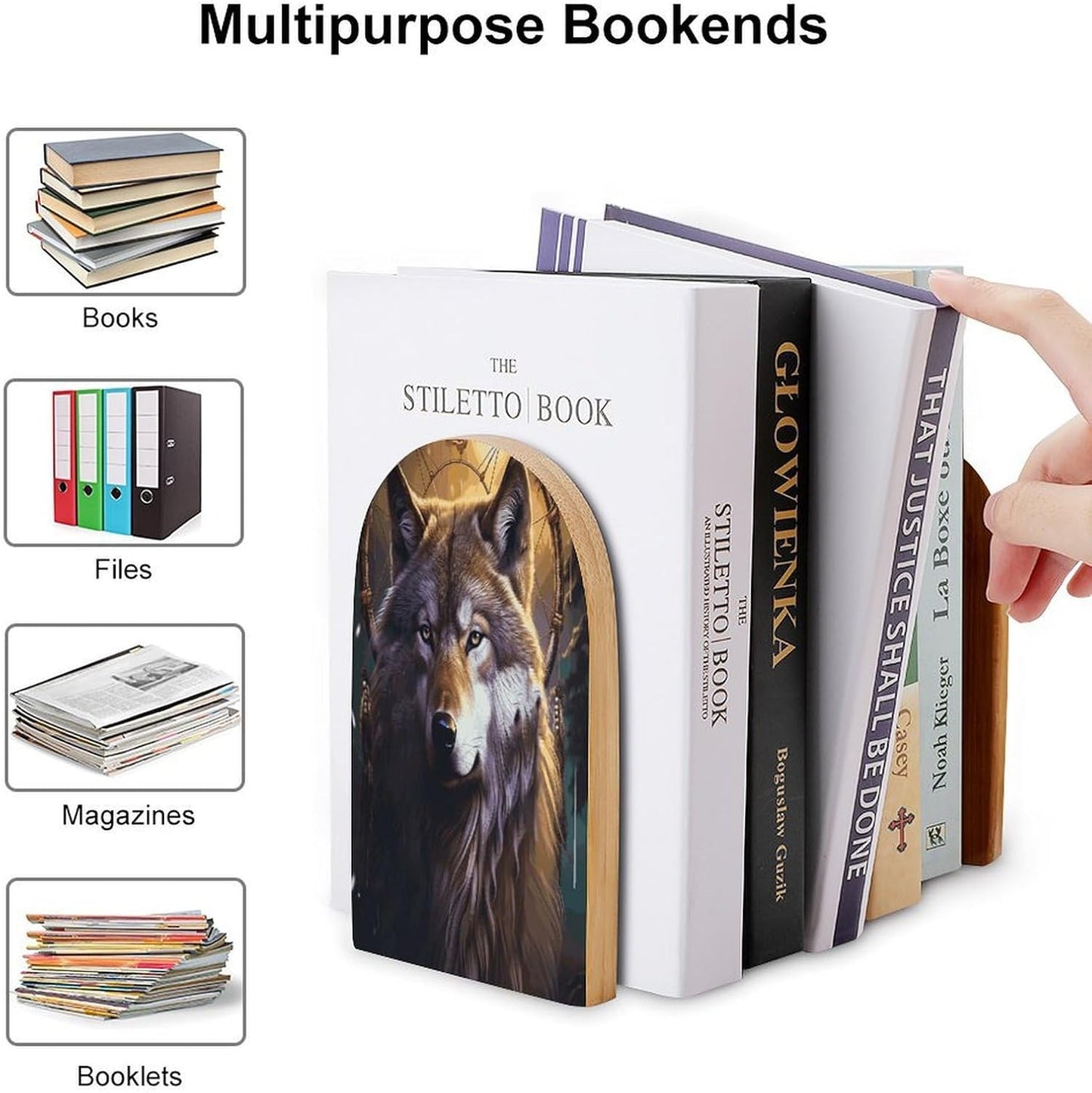 Wolves and Dream Catchers Bookend for Shelves Wooden Book End Large Size Sturdy Book Holders Stoppers with Metal Base for Bookshelves Slick Decorative Bookends Stands