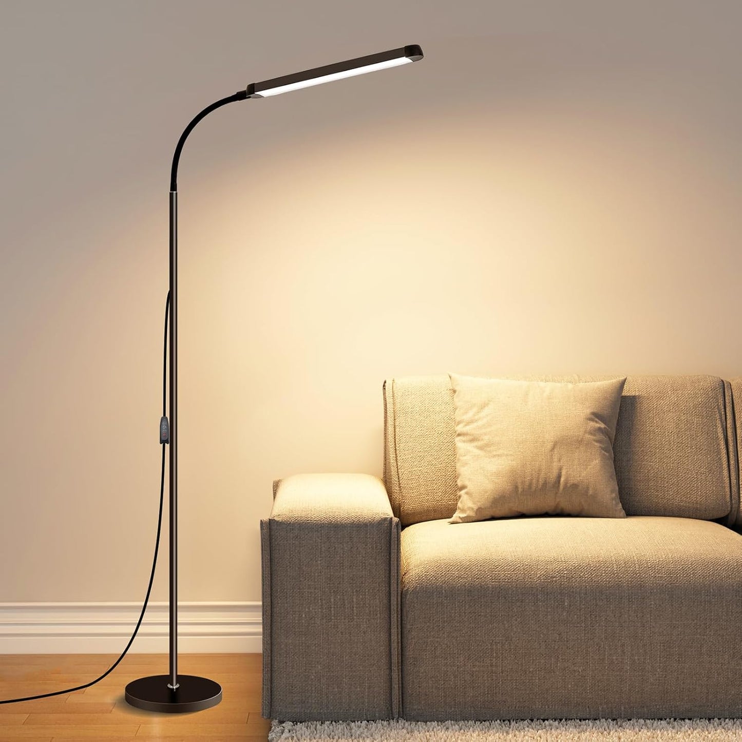 Modern LED Floor Lamp for Reading in Black, Bright 12W Dimmable Standing Light with Adjustable Gooseneck, 3 Color Temperatures, for Living Room corner, Office, Study Room, bedroom bedside nursery,lash