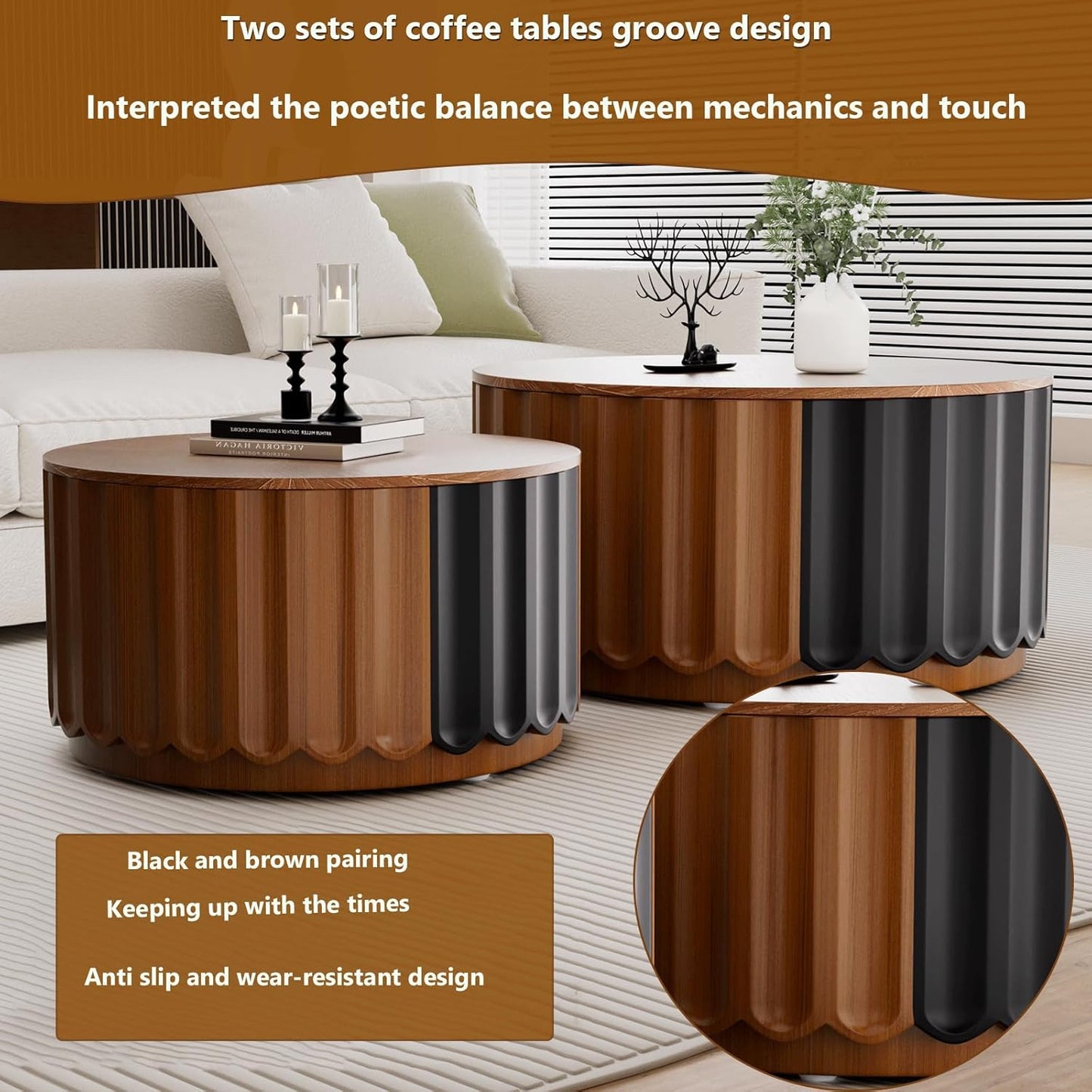 Fluted Round Nesting Coffee Table Set of 2, with Storage Mid Century Modern Wood Coffee Tables,Circle Side Table Minimalist Center Tables for Living Room, Office (A1)